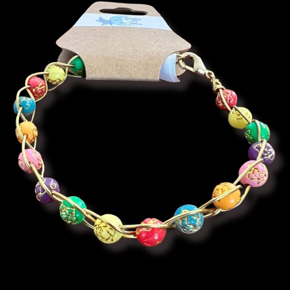 Multicolored Beads with Gold Inlay, Woven Into Gold Wire, Braided Bracelet - Picture 1 of 2